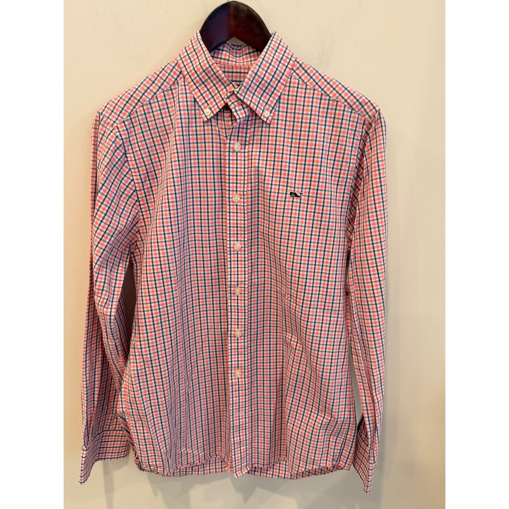 Vineyard Vines Mens Slim Fit Whale Shirt Pink Blue Gingham Check Small